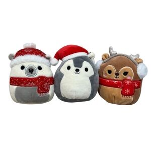 Squishmallows Holiday Polar Bear Wolf and Reindeer Ornament Plush